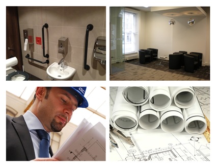 Image of Accessible WC,Meeting Room, Man looking at drawings and Rolled up Drawings.