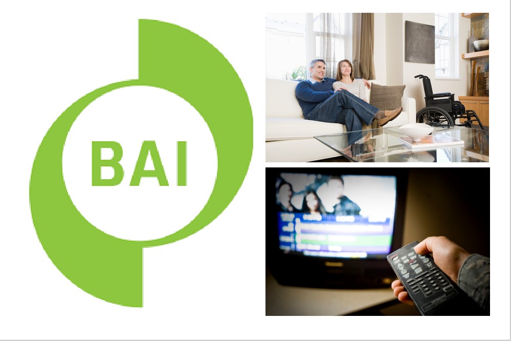 BAI  logo, couple relaxing on sofa, TV and remote control.