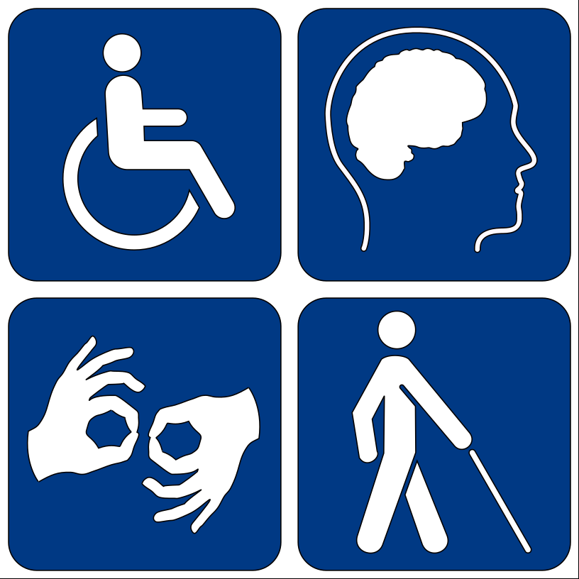 Symbols for wheelchair user, sign language, person with walking cane and brain.