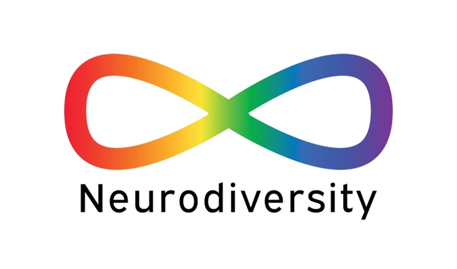 Infinity symbol in a rainbow gradient, representing neurodiversity. Below the symbol, the word "Neurodiversity" is written in black text.
